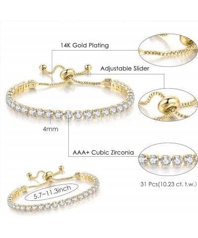 3 Pcs Tennis Bracelets for Women 14K Gold Plated 4mm 5A+ Cubic Zirconia CZ Diamond Classic Adjustable Slider Bracelet Fashion...