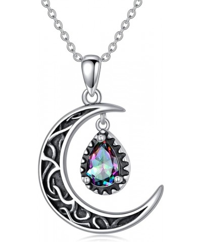 Crescent Moon Necklace Sterling Silver Emerald/Red/Purple/Black/Rainbow Topaz/Green/Aquamarine/Blue/Moss Agate Celtic Moon Te...