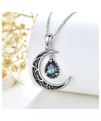 Crescent Moon Necklace Sterling Silver Emerald/Red/Purple/Black/Rainbow Topaz/Green/Aquamarine/Blue/Moss Agate Celtic Moon Te...