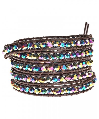 Mystique Rainbow Fashion Crystal Five Black Leather Wrap Bracelet | Elegant Handmade Jewelry for Women | Handmade Crystal Bra...