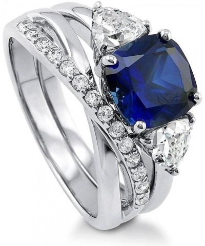 Sterling Silver 3-Stone Wedding Engagement Rings Simulated Blue Sapphire Cushion Cut Cubic Zirconia CZ Criss Cross Ring Set f...