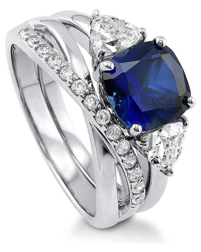 Sterling Silver 3-Stone Wedding Engagement Rings Simulated Blue Sapphire Cushion Cut Cubic Zirconia CZ Criss Cross Ring Set f...