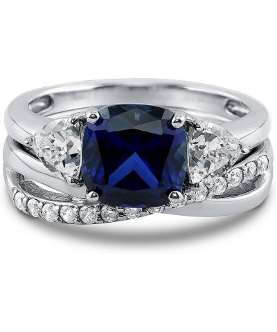 Sterling Silver 3-Stone Wedding Engagement Rings Simulated Blue Sapphire Cushion Cut Cubic Zirconia CZ Criss Cross Ring Set f...