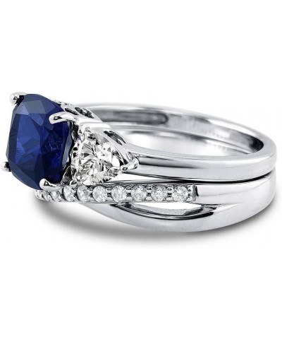 Sterling Silver 3-Stone Wedding Engagement Rings Simulated Blue Sapphire Cushion Cut Cubic Zirconia CZ Criss Cross Ring Set f...