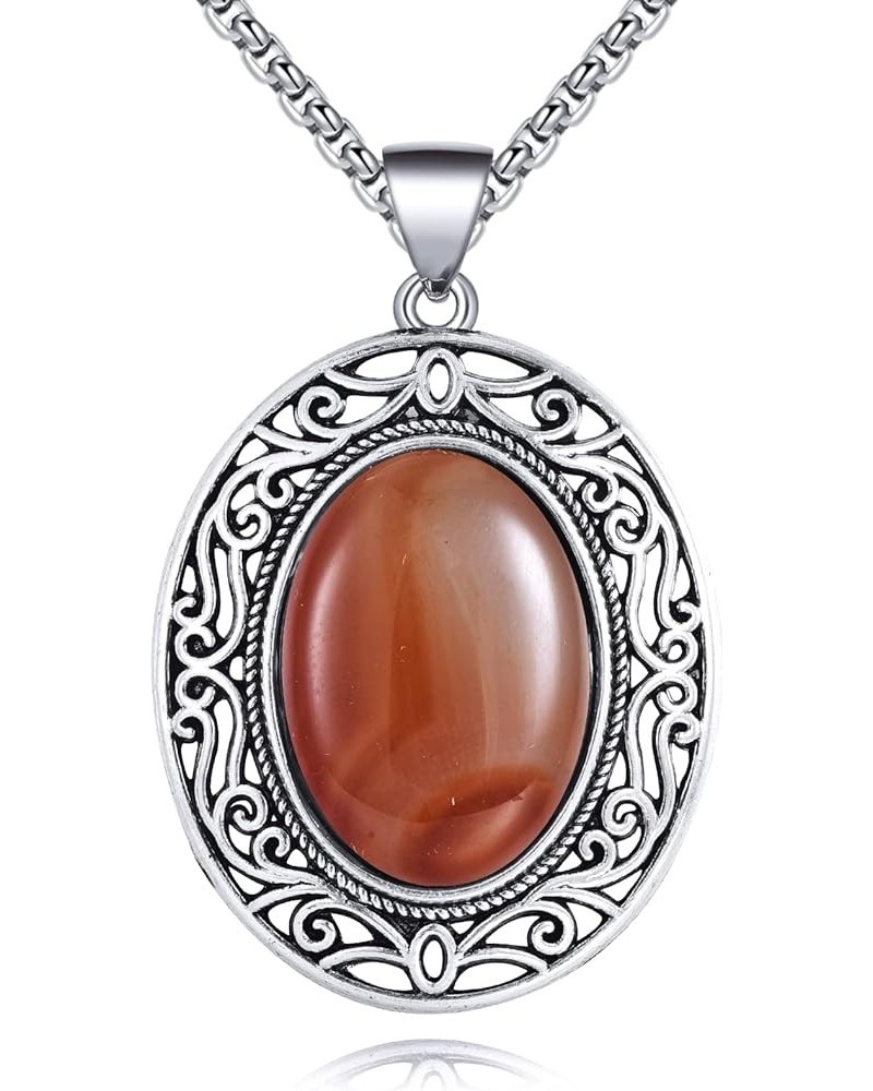 Oval Gemstone Necklace Stainless Steel Healing Crystal Pendant Semi-precious Stone Jewelry for Women Girls Red Agate $18.72 N...