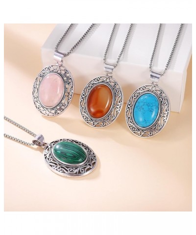 Oval Gemstone Necklace Stainless Steel Healing Crystal Pendant Semi-precious Stone Jewelry for Women Girls Red Agate $18.72 N...