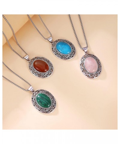 Oval Gemstone Necklace Stainless Steel Healing Crystal Pendant Semi-precious Stone Jewelry for Women Girls Red Agate $18.72 N...