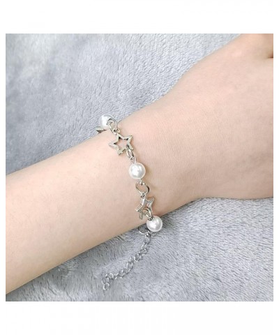 Y2k Bracelet For Women Girls Imitation Pearl Beaded Star Silver Chain Charm Aesthetic Grunge Gift Adjustable Jewelry Imitatio...