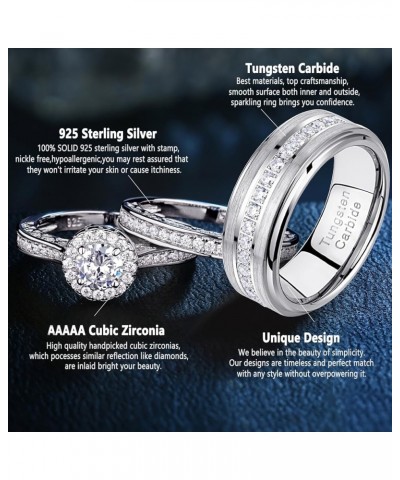 Newshe Wedding Rings Set for Him and Her Women Mens Tungsten Bands Round Cz 3Ct Sterling Silver Size 5-13 Men's Size 11 & Wom...