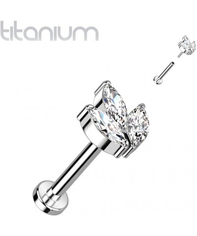 Dynamique Implant Grade Titanium Threadless Push In Labret, Flat Back Stud With 3-Marquise CZ or Opal Set Sprout Top (Sold Pe...