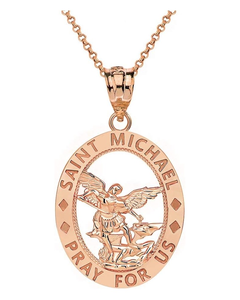 14k Gold Saint Michael Pray for Us Oval Charm Pendant Necklace 16.0 Inches Rose Gold $107.99 Necklaces