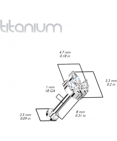 Dynamique Implant Grade Titanium Threadless Push In Labret, Flat Back Stud With 3-Marquise CZ or Opal Set Sprout Top (Sold Pe...