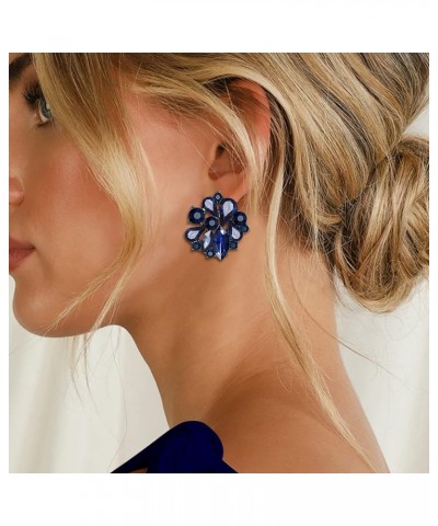 Flower Clip-on Earrings for Women Girls, Rhinestone Crystal Floral Clip On Earrings Navy Blue $10.99 Earrings