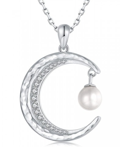 925 Sterling-Silver Pearl Moon Necklaces for Women - Hammered White Crecent Half Moon Pendant With Pearl Sparkling Waning Cre...