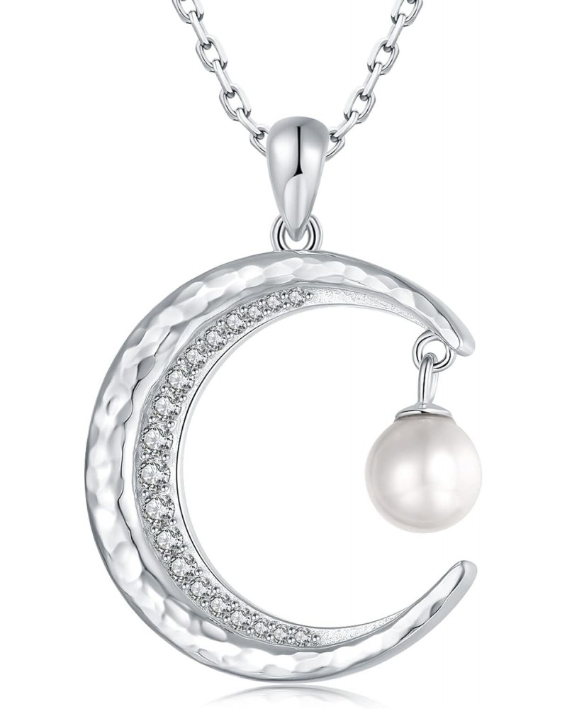 925 Sterling-Silver Pearl Moon Necklaces for Women - Hammered White Crecent Half Moon Pendant With Pearl Sparkling Waning Cre...