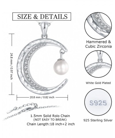 925 Sterling-Silver Pearl Moon Necklaces for Women - Hammered White Crecent Half Moon Pendant With Pearl Sparkling Waning Cre...