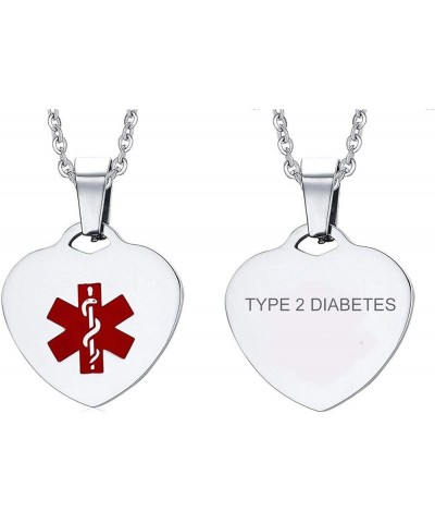 Personalized Engraving Stainless Steel Medical Alert ID Heart Pendant Necklace for Women Girls Silver Necklace-type 2 diabete...