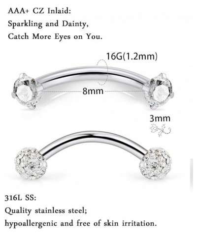 16G 14G Stainless Steel Eyebrow Piercing Rings Clear CZ Curved Barbell Helix Daith Retainer Piercing Body Jewelry for Women M...