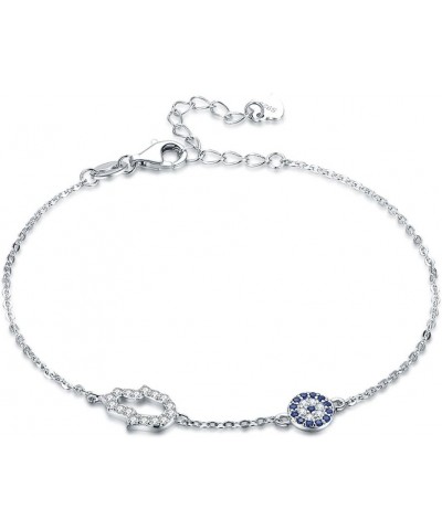 Blue Evil Eye Hamsa Hand Bracelet in Sterling Silver 925 with Cubic Zirconia CZ and 7"+1.5" Cable Chain $9.02 Bracelets