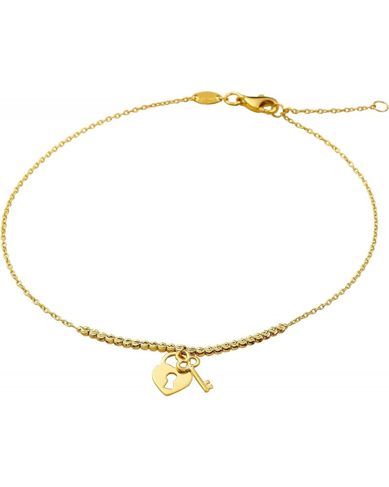 10K Yellow Gold .5mm Diamond Cut Beads and Heart Lock & Key Charm Anklet Adjustable 9" - 10" ( 71) $52.44 Anklets