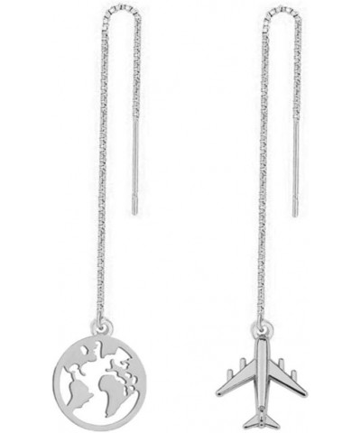 Silver Tiny Airplane Dangle Earrings Long Chain Threader Drop Earrings asymmetric $8.99 Earrings