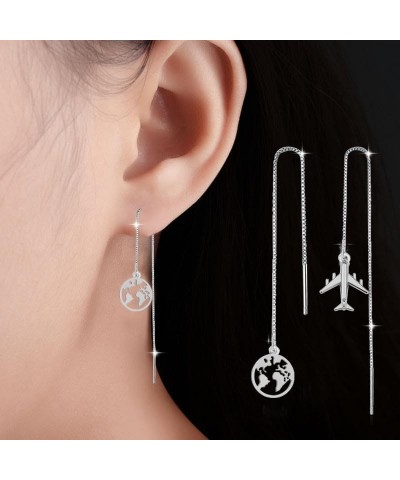 Silver Tiny Airplane Dangle Earrings Long Chain Threader Drop Earrings asymmetric $8.99 Earrings