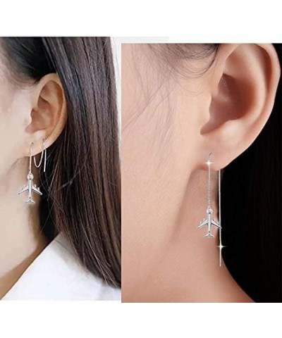 Silver Tiny Airplane Dangle Earrings Long Chain Threader Drop Earrings asymmetric $8.99 Earrings