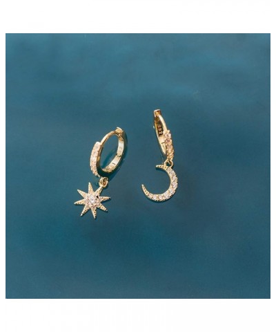 925 Sterling Silver Sparkling CZ Star Moon Small Hoop Earrings for Girls Women Asymmetric Star Moon Huggie Earrings B-Gold Pl...