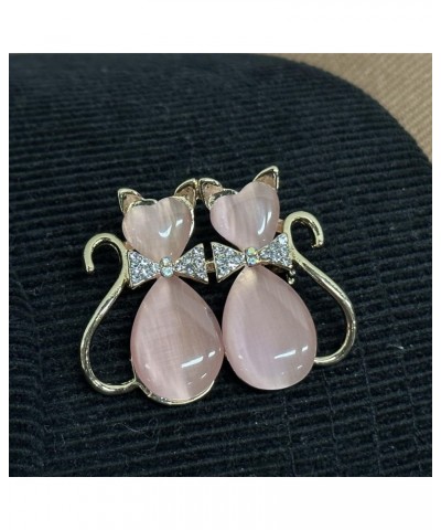 Pink Heart Cat Animal Rhinestone Brooch Pin for Women Girls Gold Plated Fashion Crystal Love Hearted Cat's Eye Couple Kitten ...