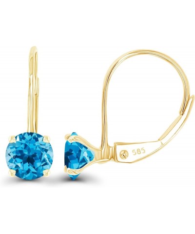 14k Gold Solid Hypoallergenic 5mm Round Genuine Birthstone Natural Gemstone Leverback Earrings Blue Topaz-Swiss Blue Topaz Ye...