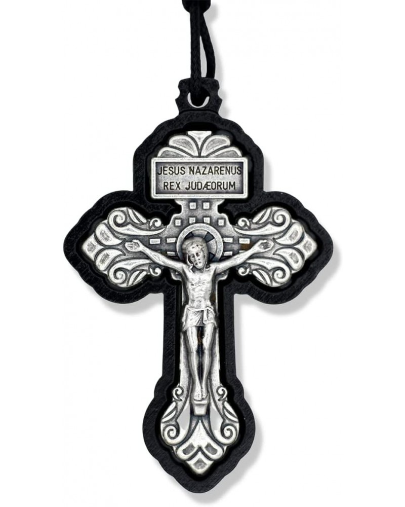 Catholic Indulgence Pardon Crucifix Necklace with Silver Oxidized Metal Large Crucifix and Black Wood Outline Made in Italy -...