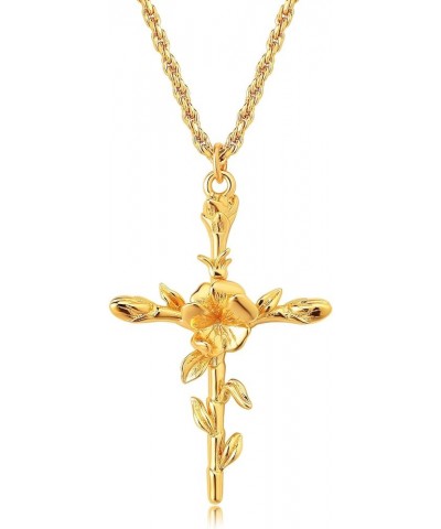 Gold Birth Flower Cross Necklace for Women 12 Month Faith Pendent 18K Gold Plated 2MM Twist Rope Chain Personalized Religious...