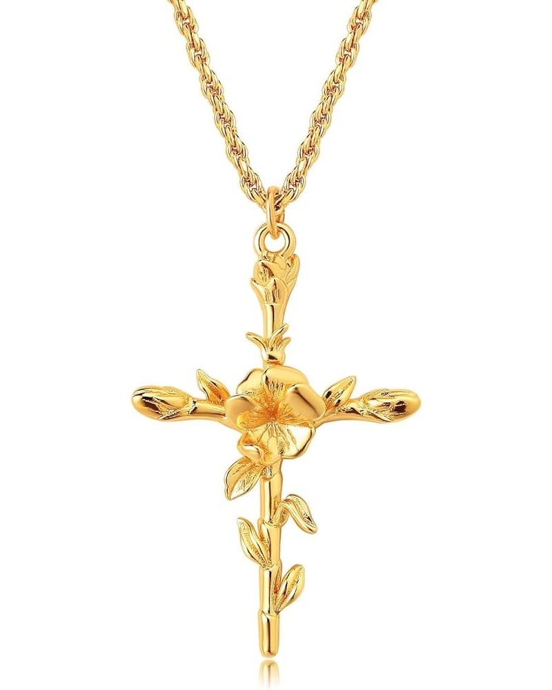 Gold Birth Flower Cross Necklace for Women 12 Month Faith Pendent 18K Gold Plated 2MM Twist Rope Chain Personalized Religious...