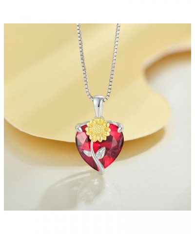 Necklace for Women,925 Sterling Silver Cubic Zirconia Sunflower Heart Birthstone Pendant Jewelry Gifts for Her July,Ruby Colo...