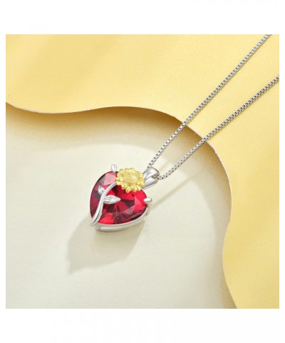 Necklace for Women,925 Sterling Silver Cubic Zirconia Sunflower Heart Birthstone Pendant Jewelry Gifts for Her July,Ruby Colo...