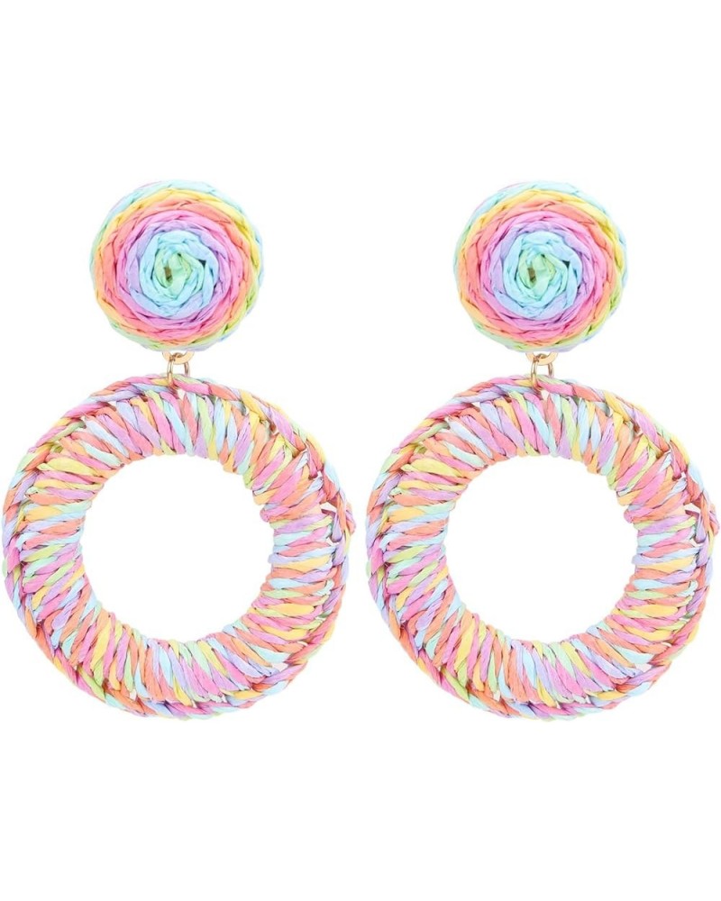 Raffia Hoop Drop Earrings Handmade Cirle Dangle Statement Earrings Fashion Jewelry for Women Girls Colorful $7.94 Earrings