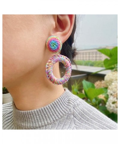 Raffia Hoop Drop Earrings Handmade Cirle Dangle Statement Earrings Fashion Jewelry for Women Girls Colorful $7.94 Earrings