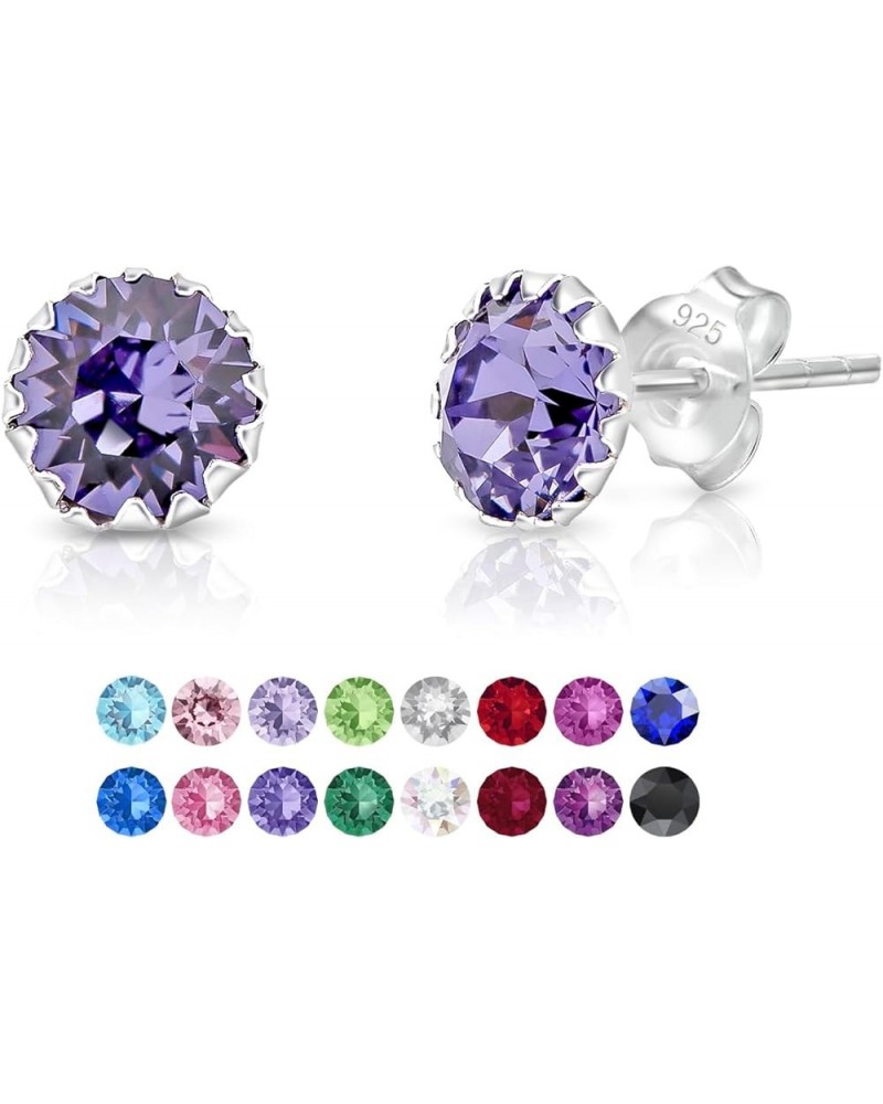 925 Sterling Silver SMALL/MEDIUM Round Stud Earrings made with Crystals from Swarovski Elements - Diameter: 6 mm Dark Violet/...