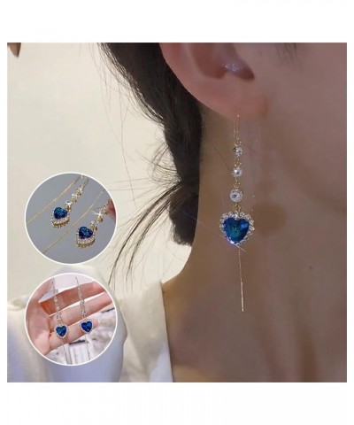 Exquisite Blue Heart Gemstone Threader Earrings, Heart Long Tassel Earrings, Simple And Versatile Earrings Blue $8.20 Earrings