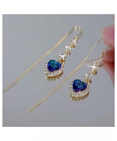 Exquisite Blue Heart Gemstone Threader Earrings, Heart Long Tassel Earrings, Simple And Versatile Earrings Blue $8.20 Earrings