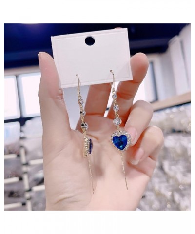 Exquisite Blue Heart Gemstone Threader Earrings, Heart Long Tassel Earrings, Simple And Versatile Earrings Blue $8.20 Earrings