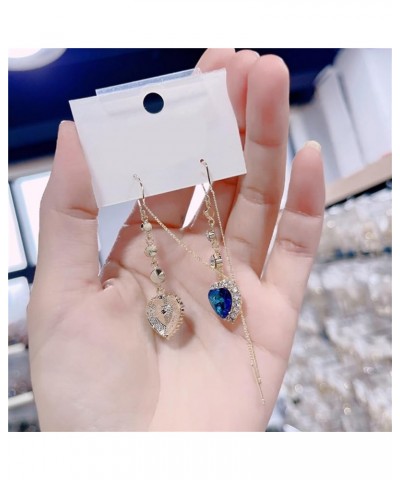 Exquisite Blue Heart Gemstone Threader Earrings, Heart Long Tassel Earrings, Simple And Versatile Earrings Blue $8.20 Earrings