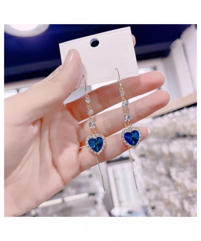 Exquisite Blue Heart Gemstone Threader Earrings, Heart Long Tassel Earrings, Simple And Versatile Earrings Blue $8.20 Earrings