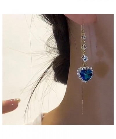 Exquisite Blue Heart Gemstone Threader Earrings, Heart Long Tassel Earrings, Simple And Versatile Earrings Blue $8.20 Earrings