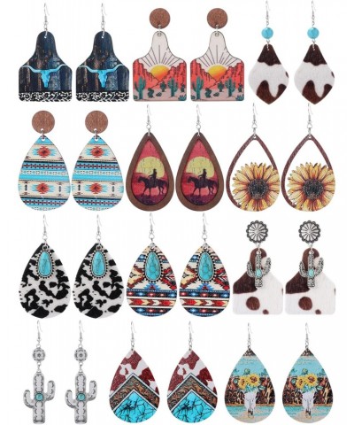 12 Pairs Western Earrings Set for Women Girls Boho Cowgirl Vintage Turquoise Print Leather Wood Teardrop Dangle Bohemian Cowb...