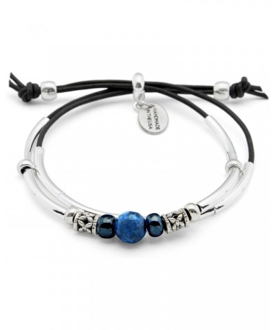 Blue Ocean Adjustable Silver 2 Strand Bracelet with Blue Lapis and Silver Beads in Natural Black Leather $36.34 Bracelets