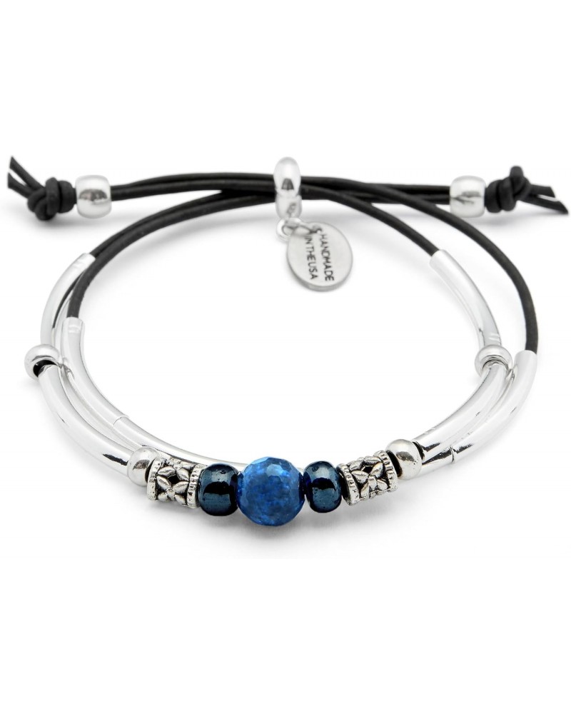 Blue Ocean Adjustable Silver 2 Strand Bracelet with Blue Lapis and Silver Beads in Natural Black Leather $36.34 Bracelets