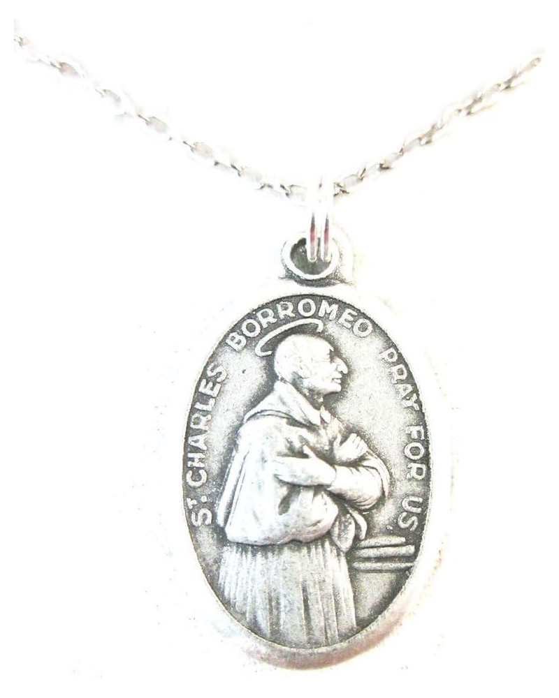 Silver Tone St Charles Borromeo Pray for Us Medal Pendant Necklace Ladies 20 inch Chain $11.73 Necklaces