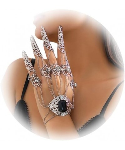 Punk Finger Bracelets with Ring,Exaggerated Finger Wrist Chains Gothic Halloween Body Accessory Jewelry for Women Flower-silv...