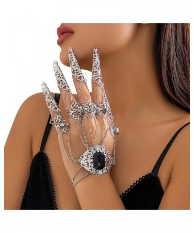 Punk Finger Bracelets with Ring,Exaggerated Finger Wrist Chains Gothic Halloween Body Accessory Jewelry for Women Flower-silv...